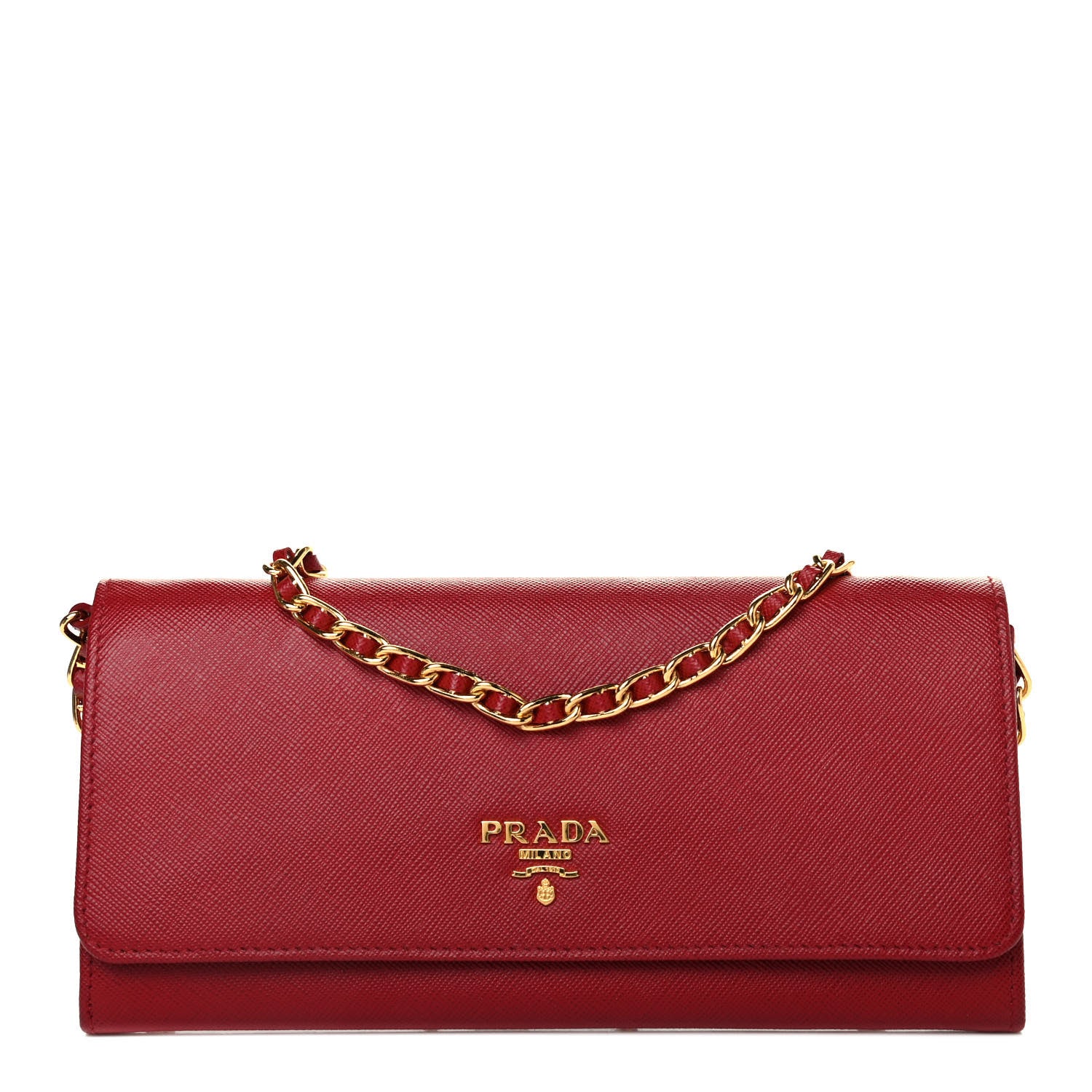 Prada Saffiano Metal Oro Chain Wallet Fuoco 1 of 4