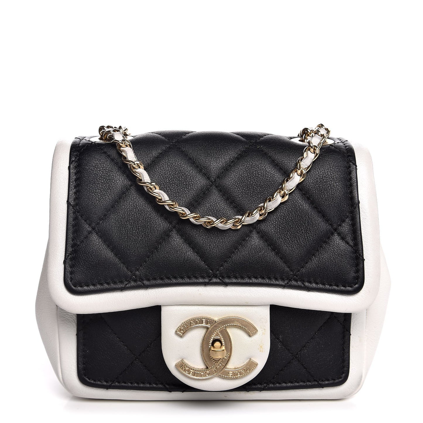 Calfskin Quilted Graphic Mini Flap Bag Black White