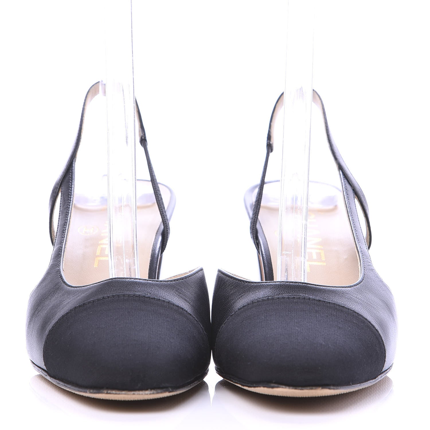 Chanel Goatskin Grosgrain Cap Toe CC Slingback Pumps 37.5 Black 2 of 9