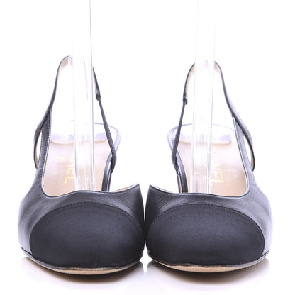 Chanel Goatskin Grosgrain Cap Toe CC Slingback Pumps 37.5 Black 2 of 9