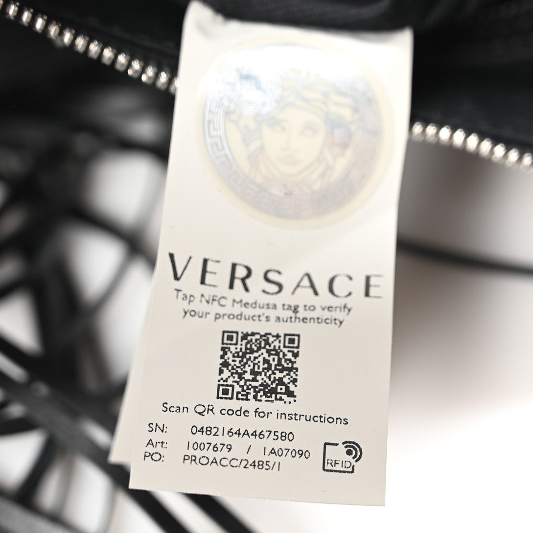 Versace Calfskin Studded Large Fringe Repeat Zip Hobo Black