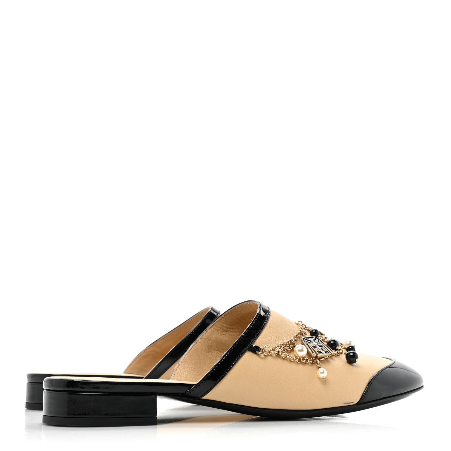 Chanel Lambskin Patent Pearl Chain Charm CC Mules 39.5 Beige Black 4 of 8