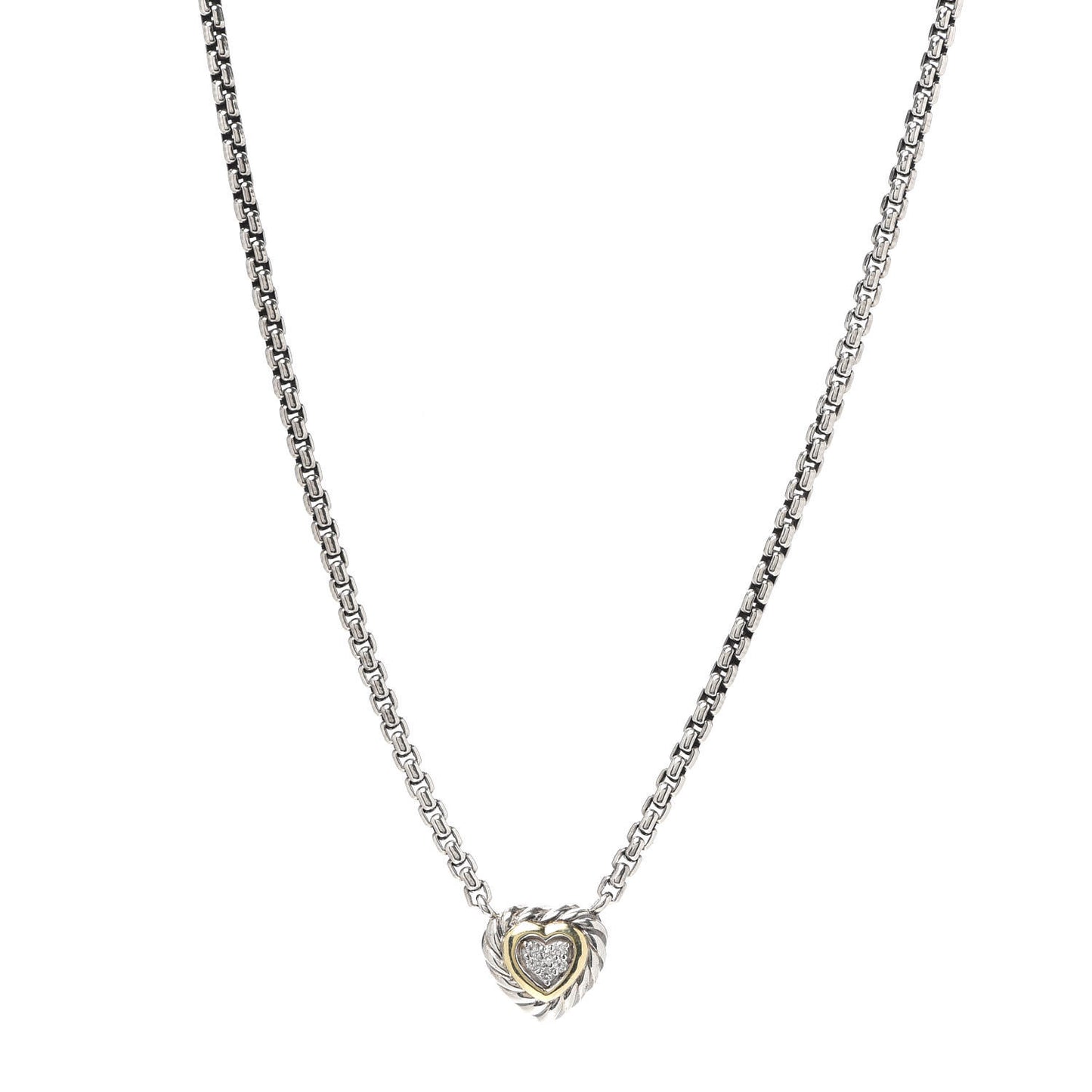 Sterling Silver 18K Yellow Gold Diamond Pave Cable Heart Pendant Necklace