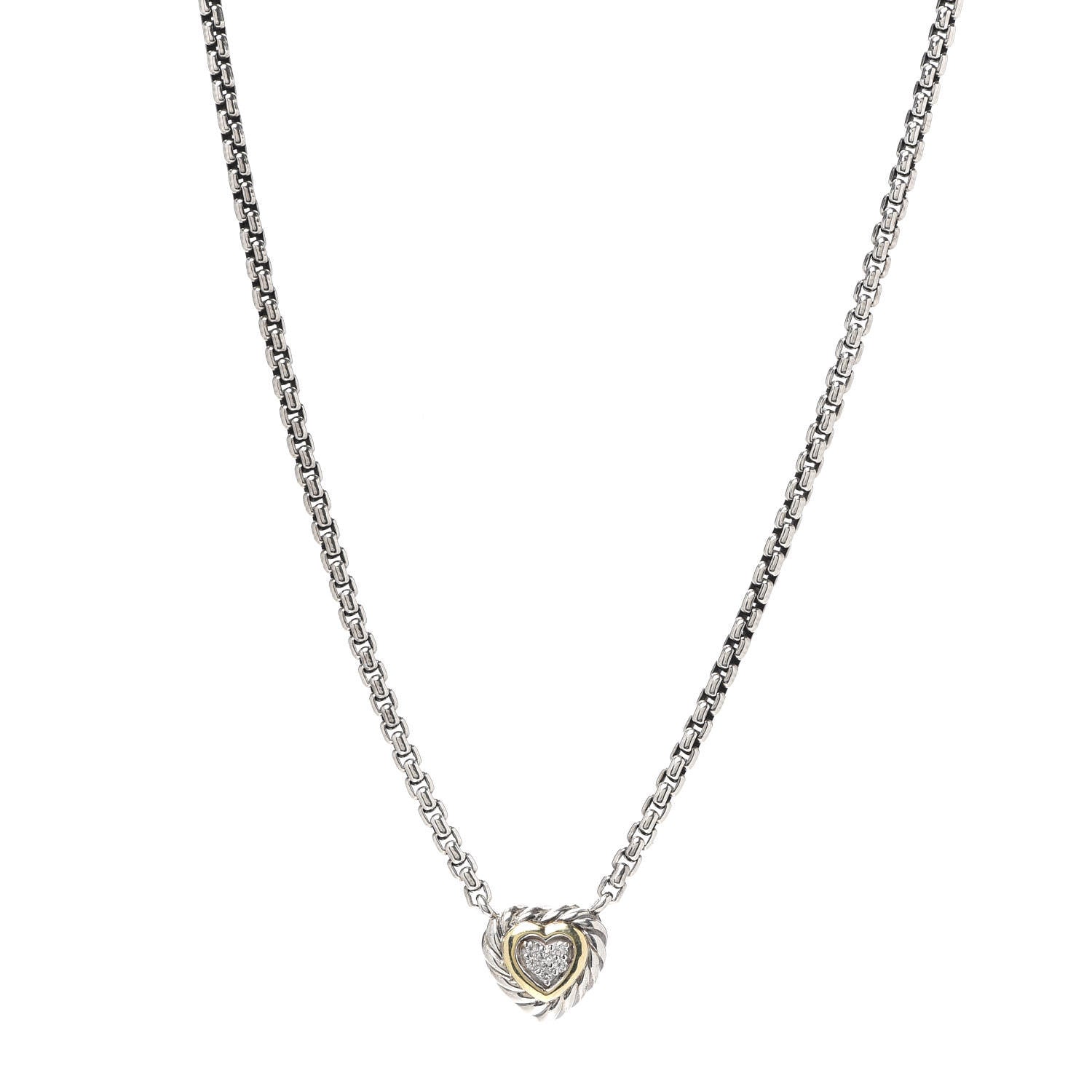 David Yurman Sterling Silver 18K Yellow Gold Diamond Pave Cable Heart Pendant Necklace 1 of 5