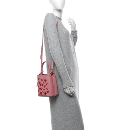 Prada Saffiano City Calf Heart & Flower Small Panier Bucket Bag  Pink Red 2 of 12