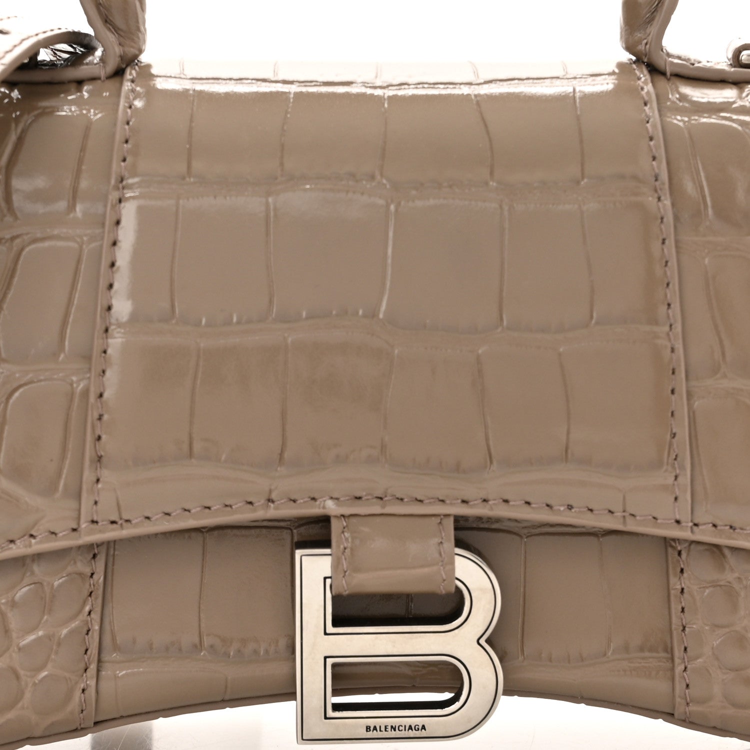 Balenciaga Shiny Calfskin Crocodile Embossed Hourglass Top Handle Bag XS Mink Grey 9 of 11