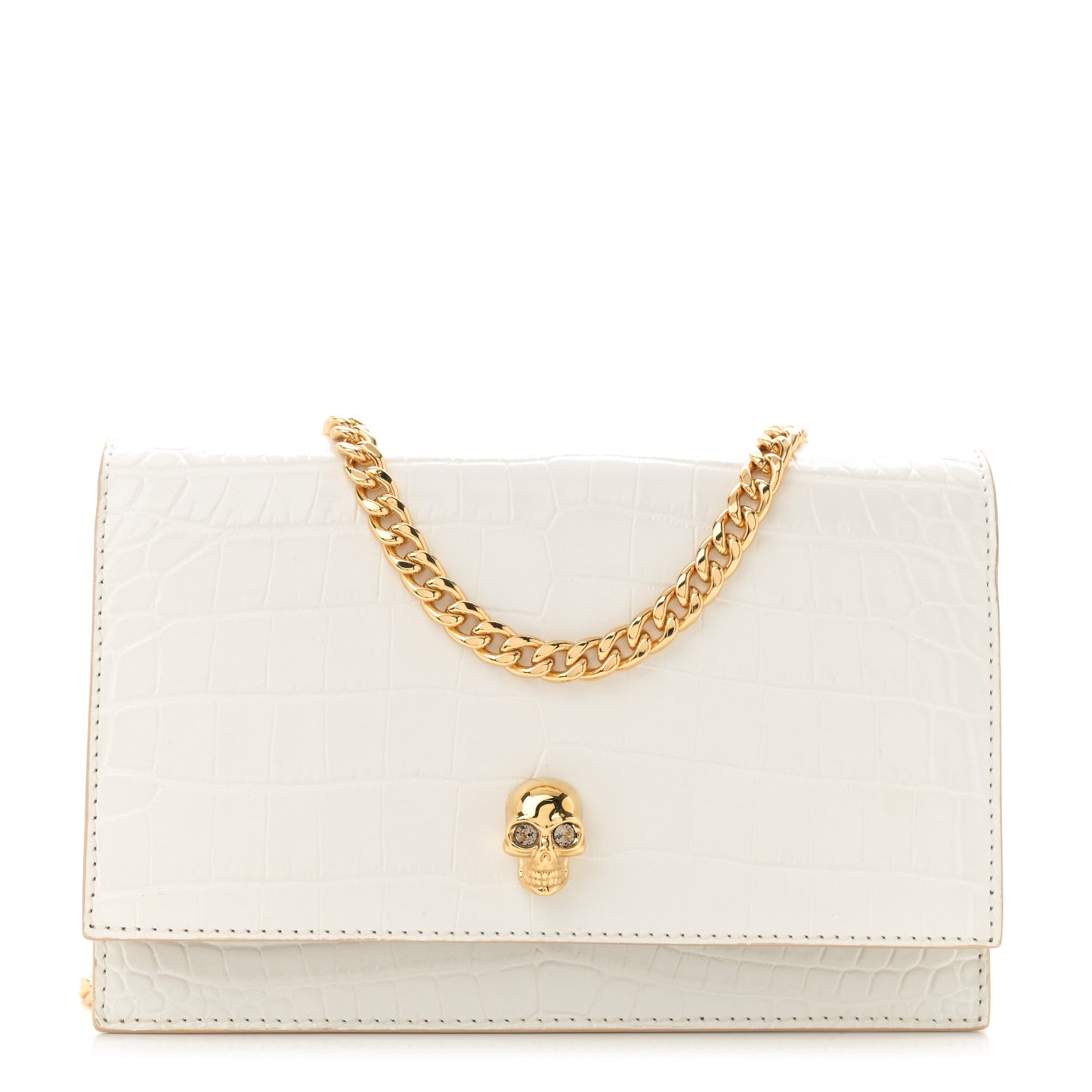 Calfskin Crocodile Embossed Skull Mini Crossbody Bag White