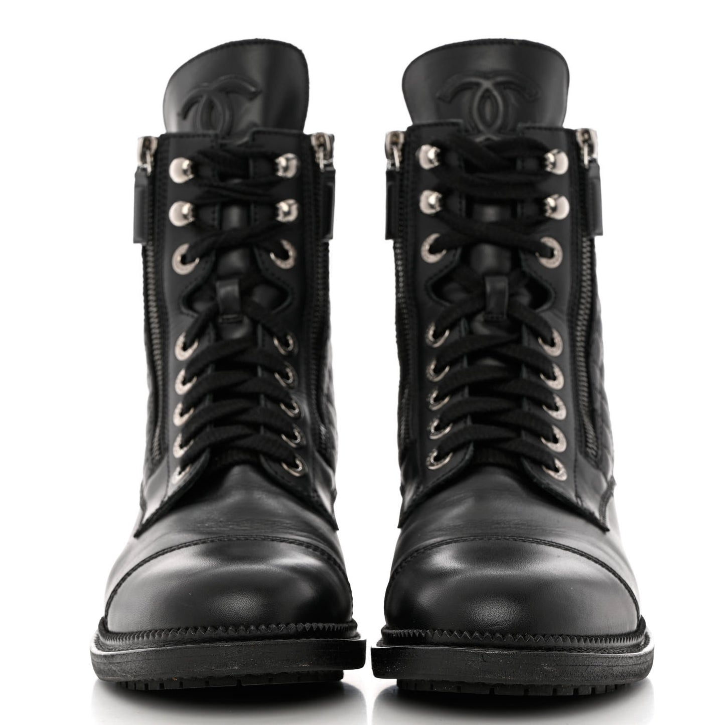 Calfskin Quilted Lace Up Combat Boots 38 Black