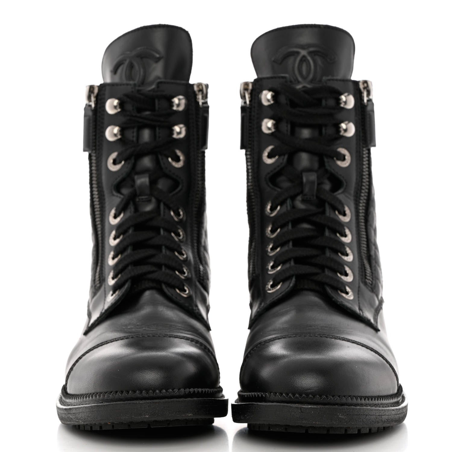 Chanel Calfskin Quilted Lace Up Combat Boots 38 Black 2 of 9