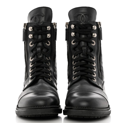 Chanel Calfskin Quilted Lace Up Combat Boots 38 Black 2 of 9