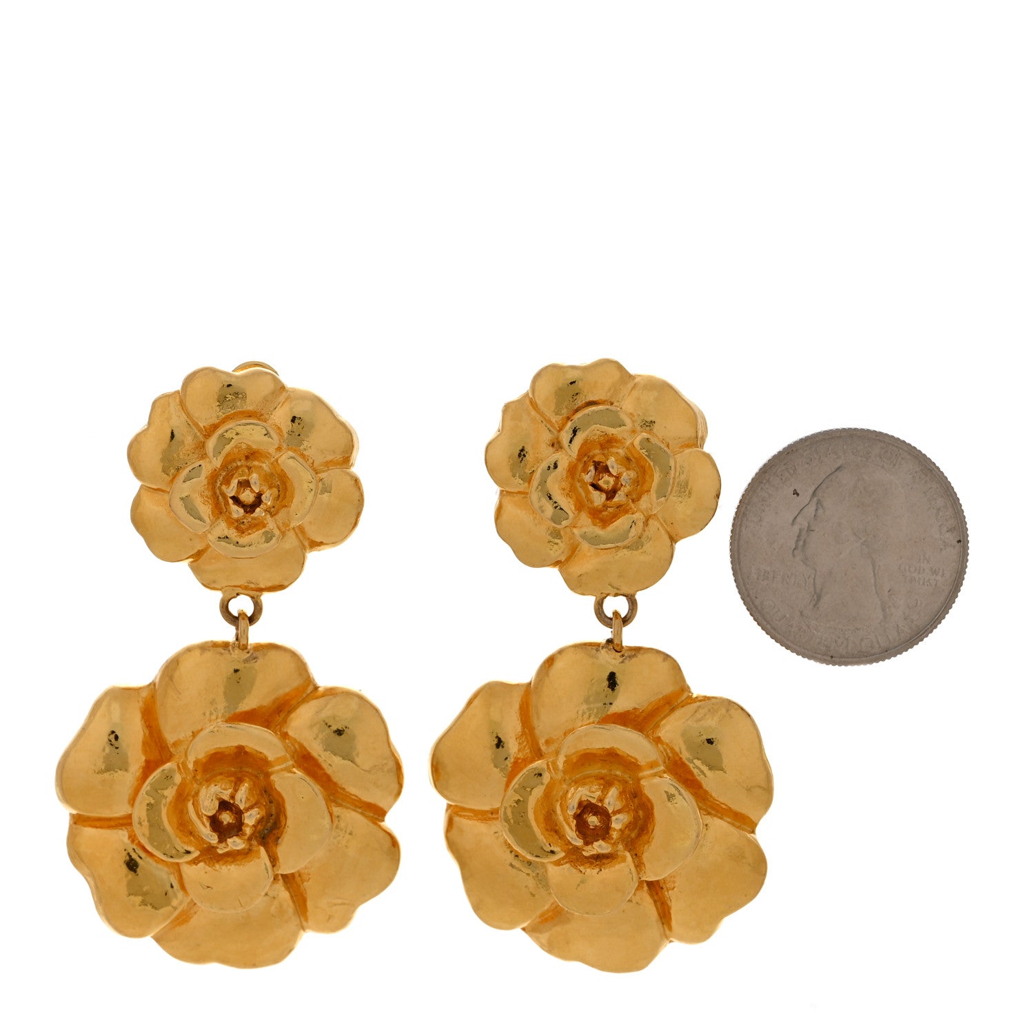 Chanel Camellia CC Clip On Drop Earrings Gold 2 of 5