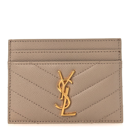 Saint Laurent Grain De Poudre Matelasse Chevron Monogram Credit Card Case Dark Beige 1 of 9