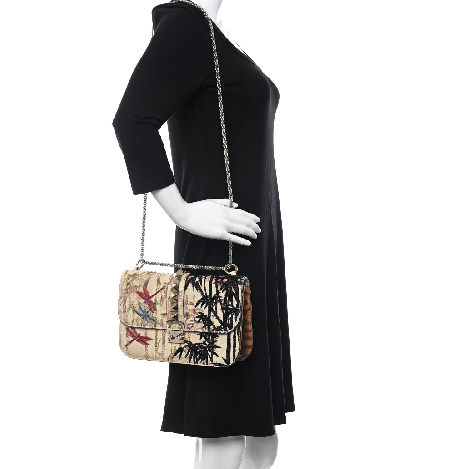 Valentino Garavani Vitello Embroidered Beaded Medium Glam Lock Rockstud Flap Beige 2 of 17