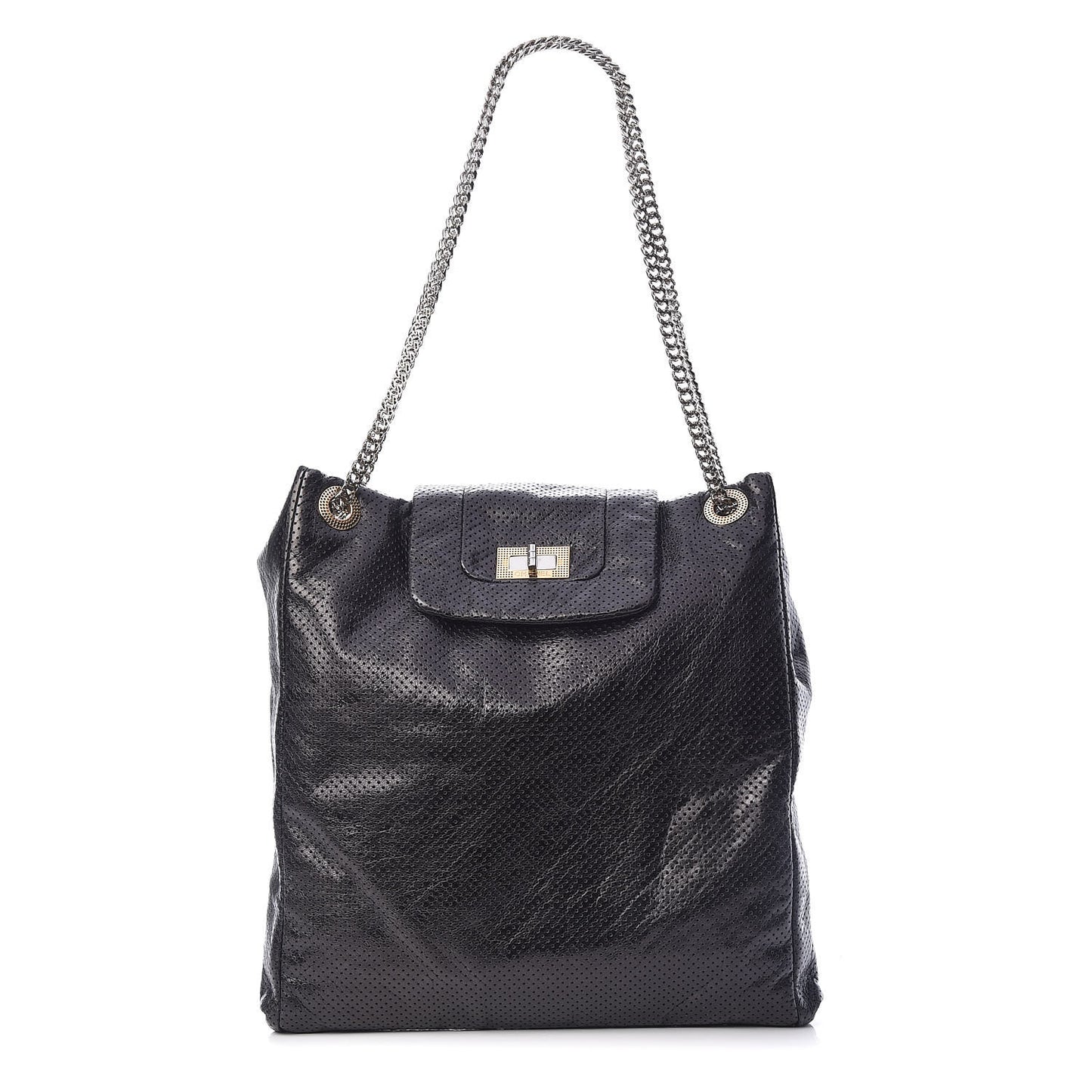 Metallic Crackled Calfskin Perforated Drill Shoulder Bag Black