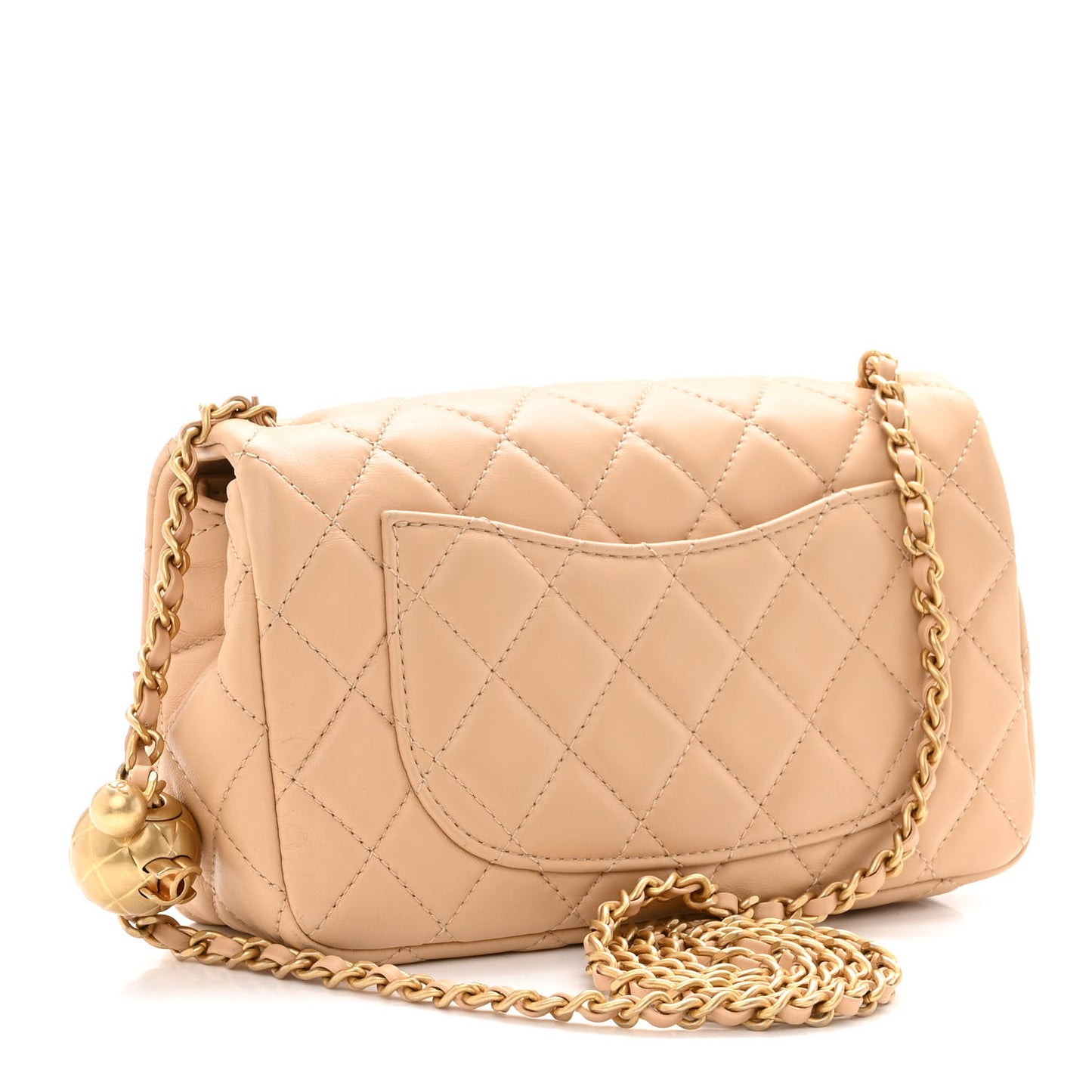 Lambskin Quilted Mini Rectangular Pearl Crush Flap Beige