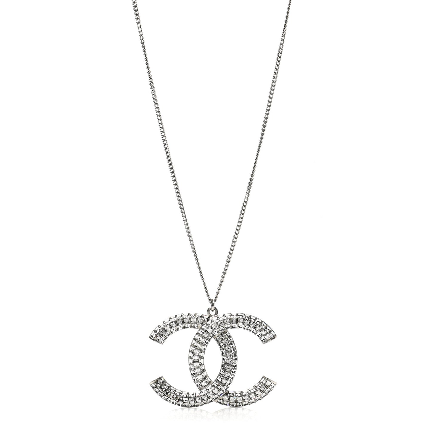 Baguette Crystal Large CC Pendant Necklace Silver