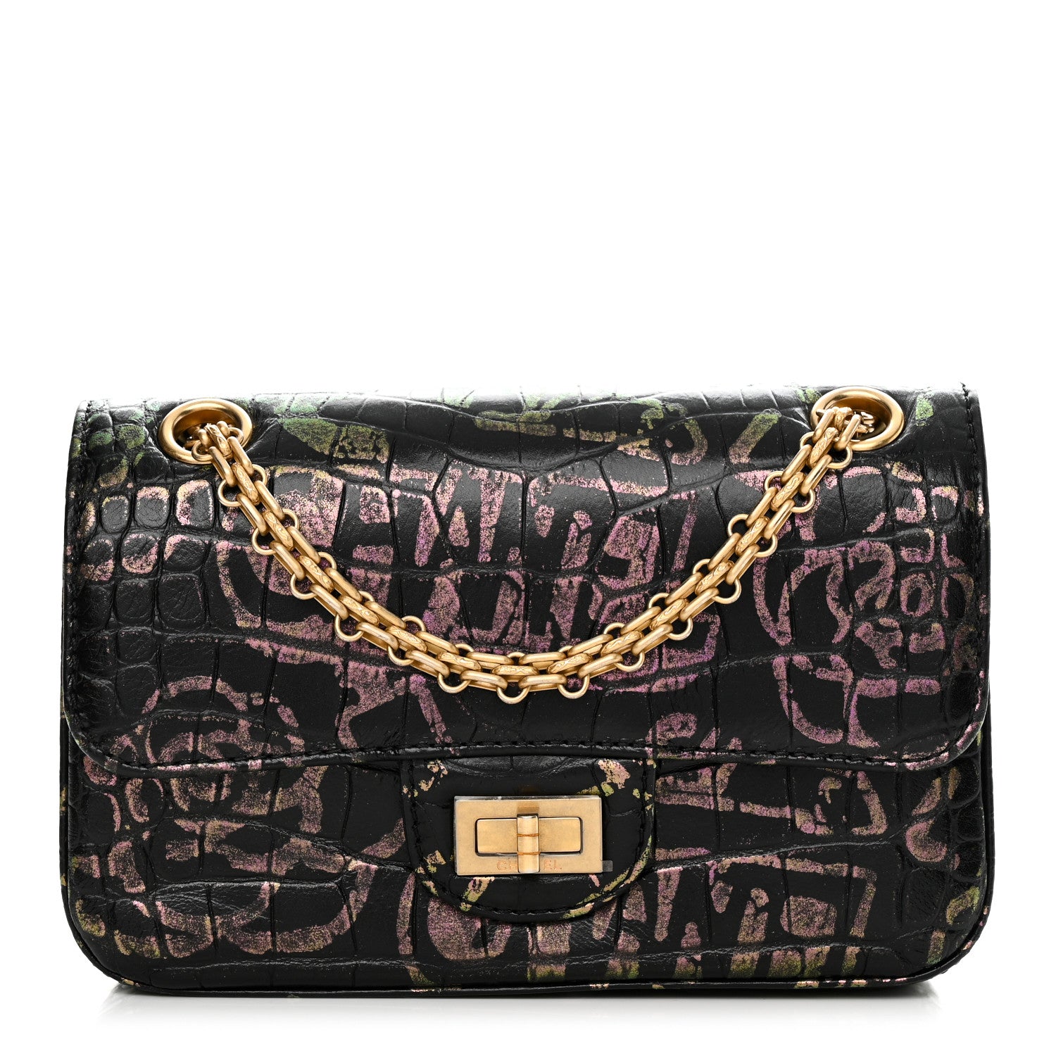 Chanel Calfskin Crocodile Embossed Graffiti 2.55 Mini Cocodile Reissue Flap Black Pink 1 of 12