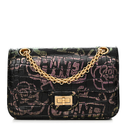 Chanel Calfskin Crocodile Embossed Graffiti 2.55 Mini Cocodile Reissue Flap Black Pink 1 of 12