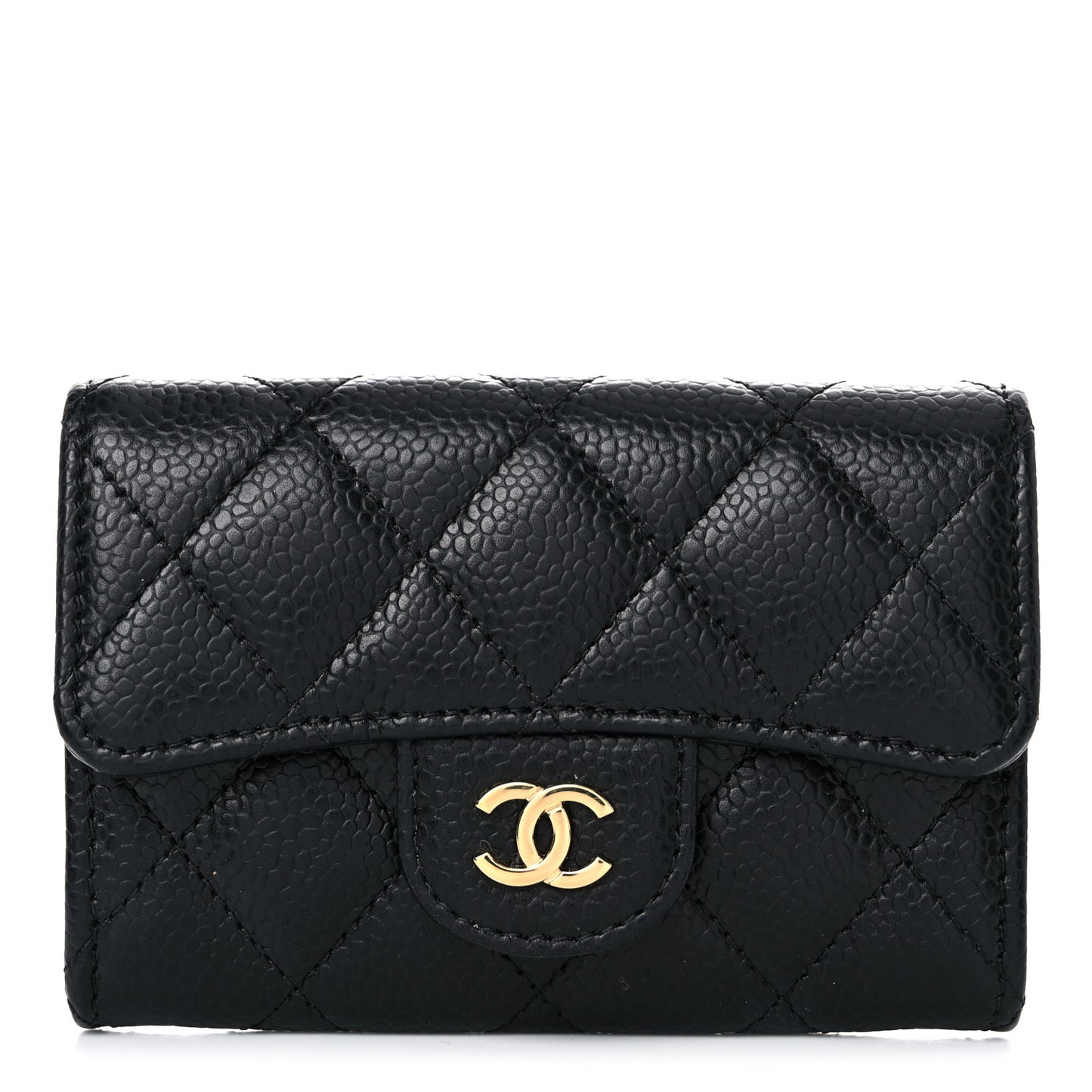 Caviar Quilted Flap Card Holder Wallet Black