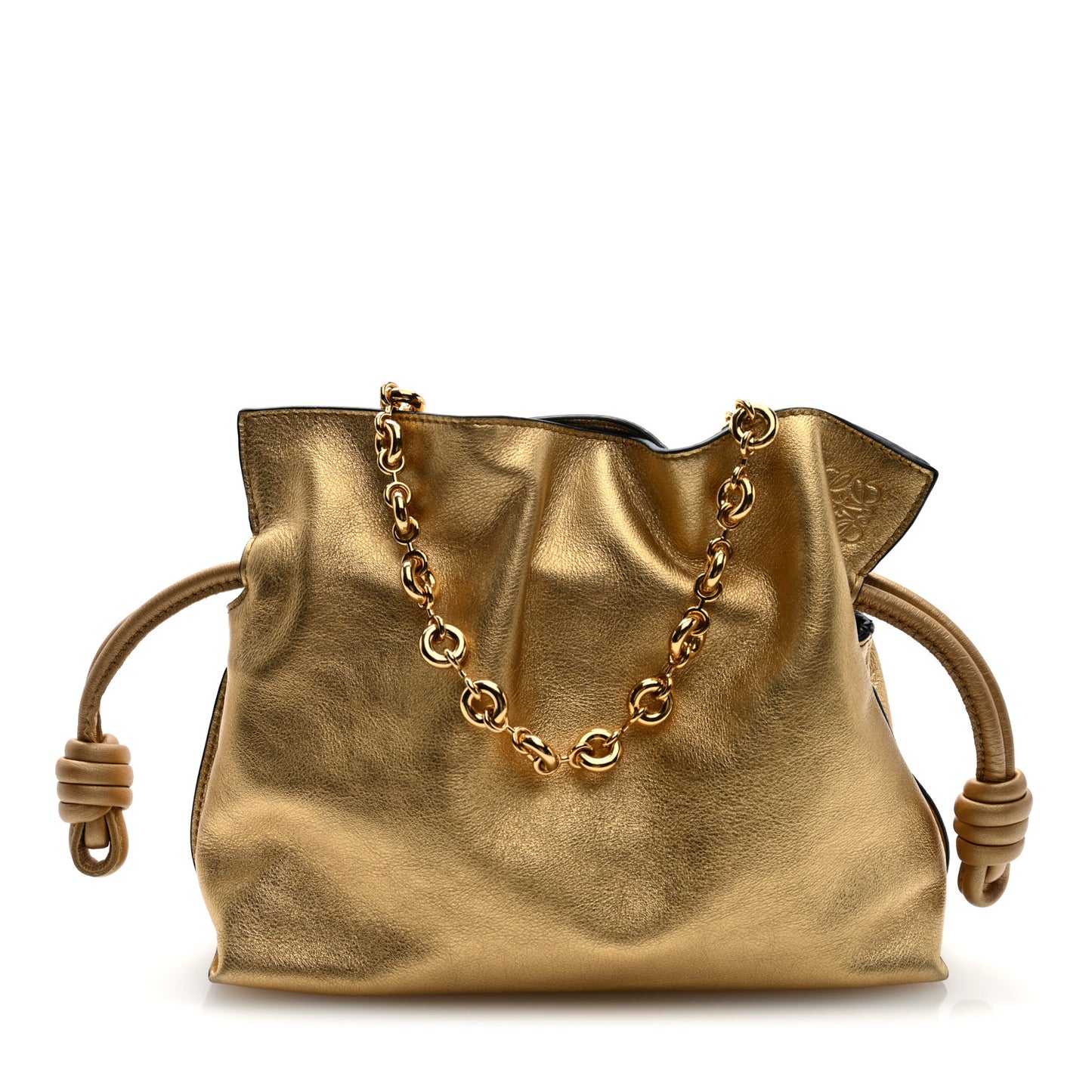 Metallic Calfskin Mini Chain Flamenco Knot Clutch Gold