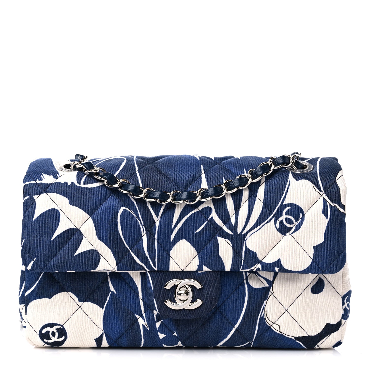 Chanel Floral Printed Silk CC Medium Single Flap Navy Blue White 1 of 11