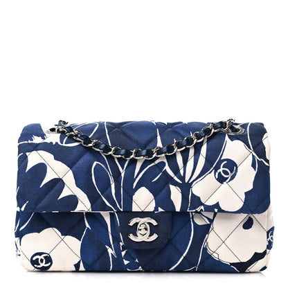 Chanel Floral Printed Silk CC Medium Single Flap Navy Blue White 1 of 11