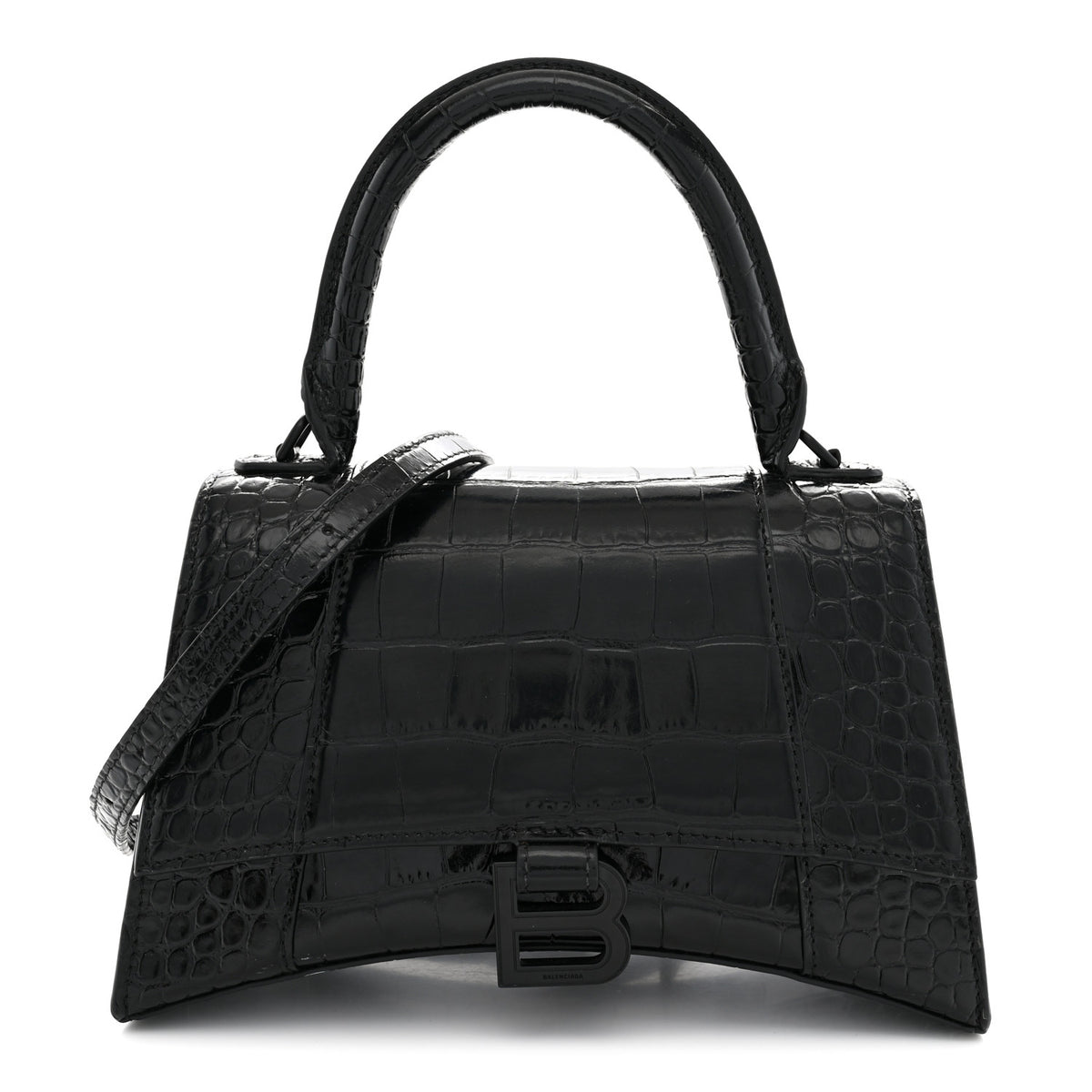 Shiny Calfskin Monochrome Crocodile Embossed Small Hourglass Top Handle Bag Black