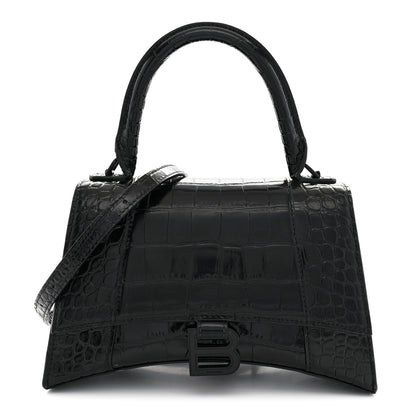 Balenciaga Shiny Calfskin Monochrome Crocodile Embossed Small Hourglass Top Handle Bag Black 1 of 12