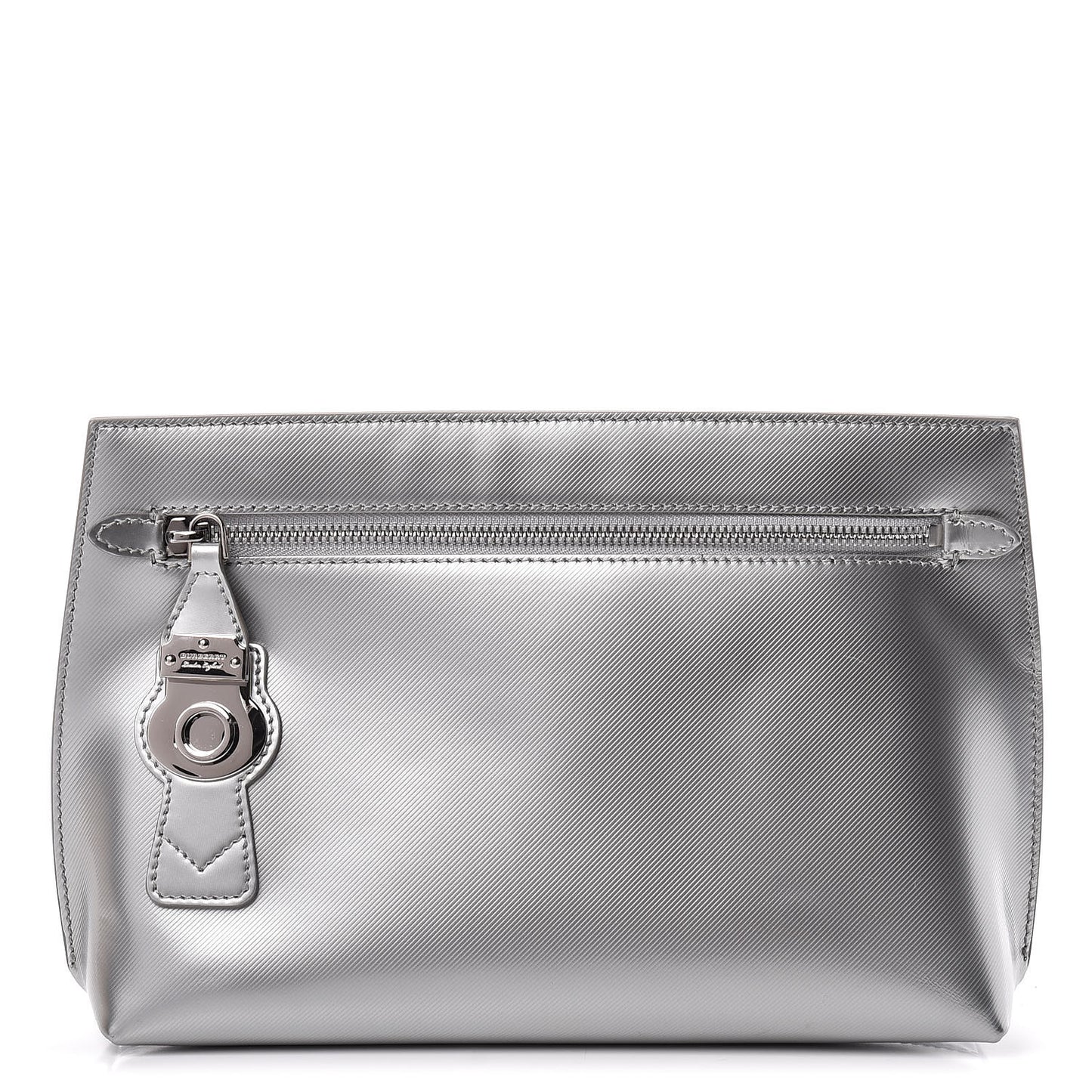 Metallic Trench Calfskin Medium Zip Lock Pouch Silver