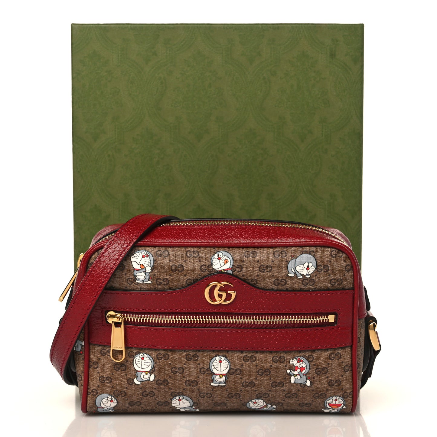 X DORAEMON Mini Vintage GG Supreme Monogram Camera Bag Beige Cherry Red