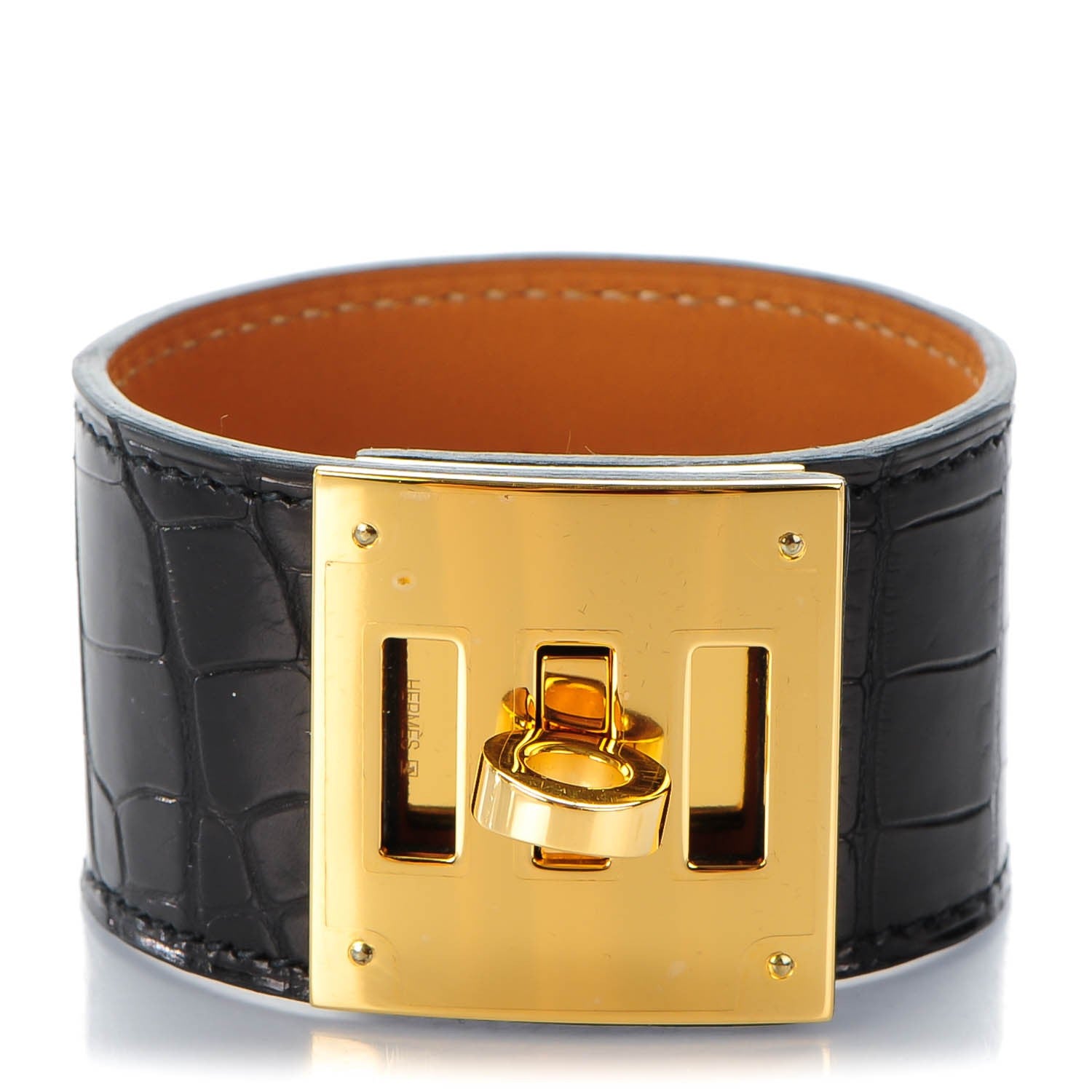 Hermes Shiny Alligator Kelly Dog Cuff Black 1 of 7