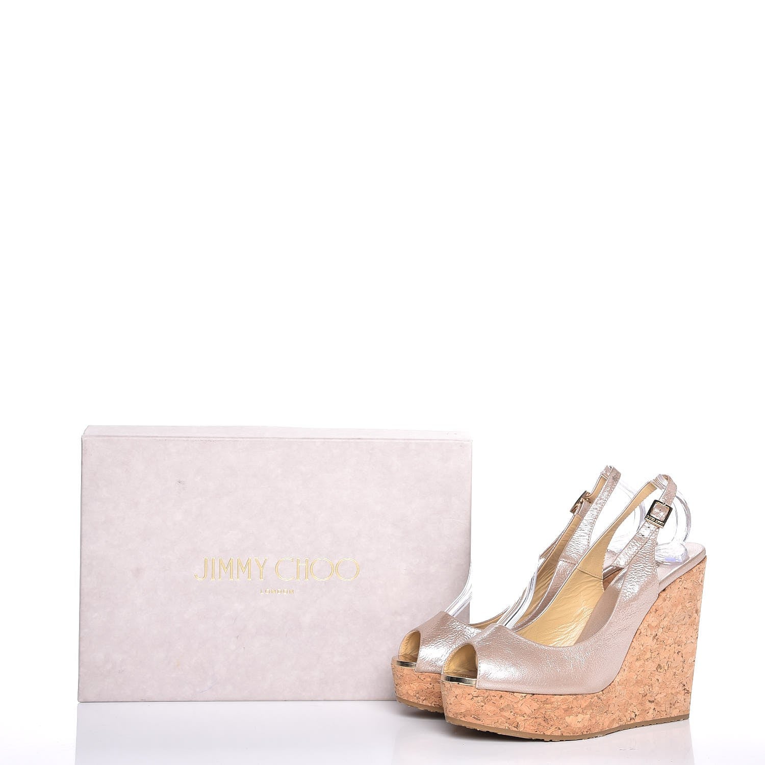 Jimmy Choo Metallic Crushed Patent Cork Prova Wedge Sandals 38 Frappe 10 of 10