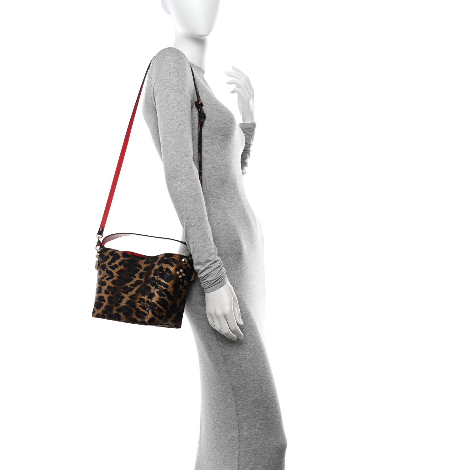 Christian Louboutin Crepe Satin Leopard Print Empire Spike Studded Mini Cabachic Bucket Bag Brown 2 of 11