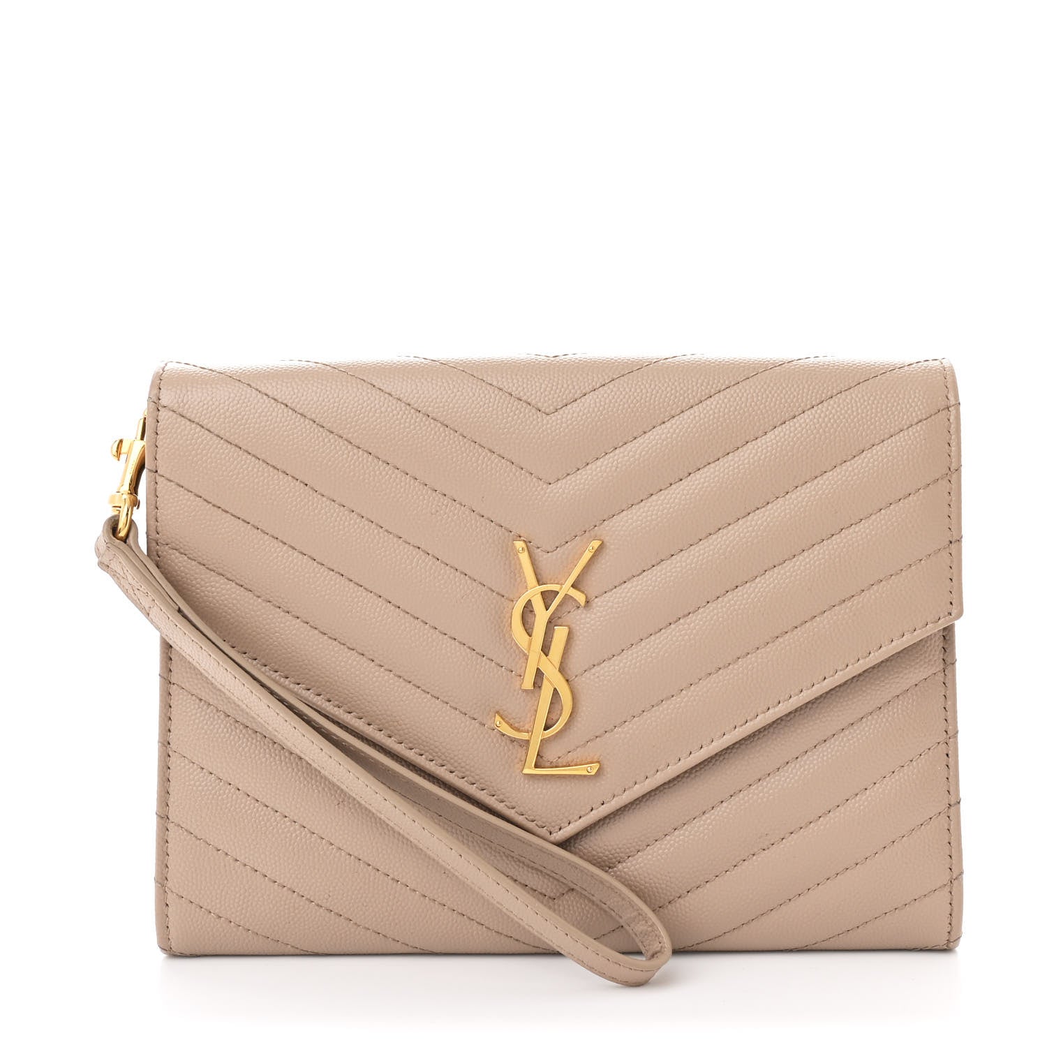 Saint Laurent Grain De Poudre Matelasse Chevron Monogram Envelope Clutch Dark Beige 1 of 9