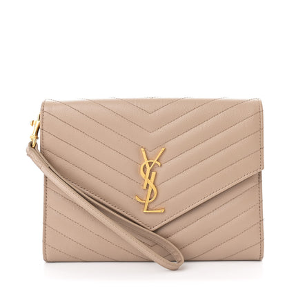 Saint Laurent Grain De Poudre Matelasse Chevron Monogram Envelope Clutch Dark Beige 1 of 9