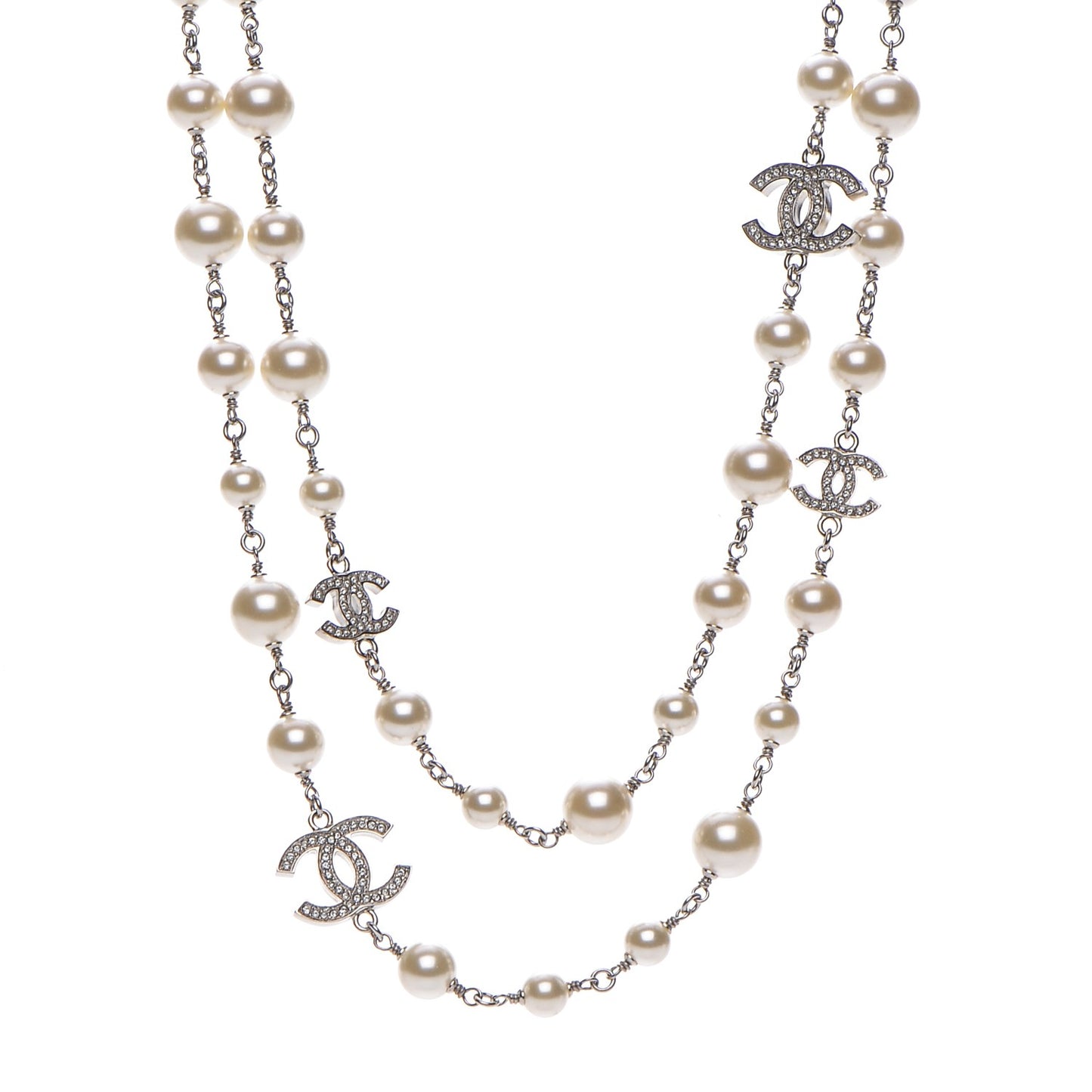 Crystal Pearl CC Long Necklace Silver