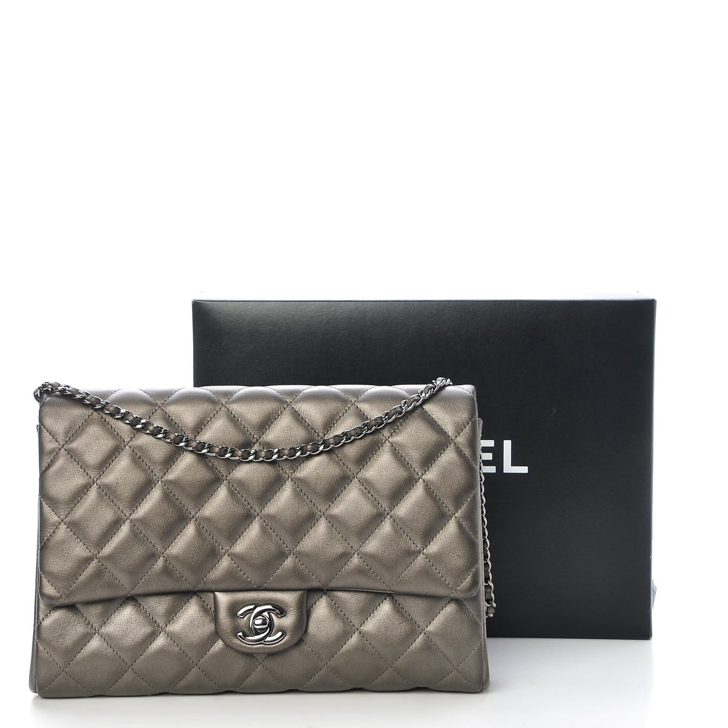 Metallic Lambskin Quilted Clutch With Chain Flap Bronze