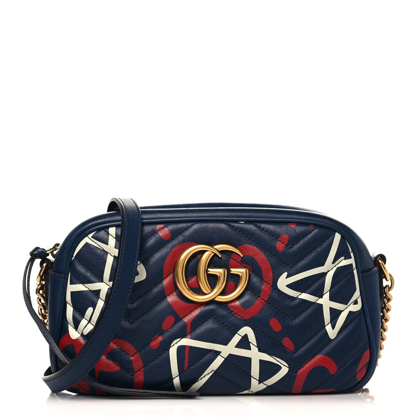 Calfskin Matelasse GucciGhost Small GG Marmont Chain Shoulder Bag Blue Agata Hibiscus Red