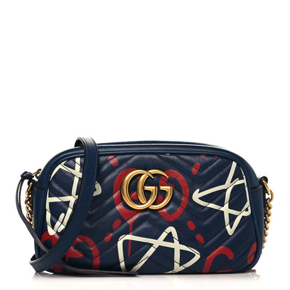 Gucci Calfskin Matelasse GucciGhost Small GG Marmont Chain Shoulder Bag Blue Agata Hibiscus Red 1 of 10