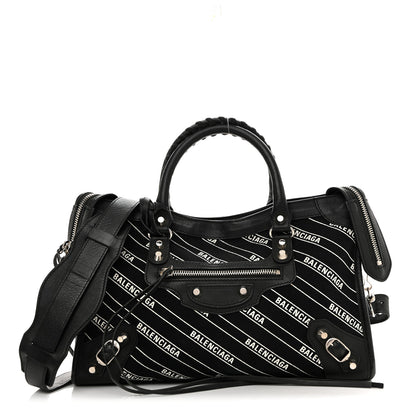 Balenciaga Canvas Satin Calfskin Diagonal Allover Logo Print Classic Silver Hardware S City Black White 1 of 12