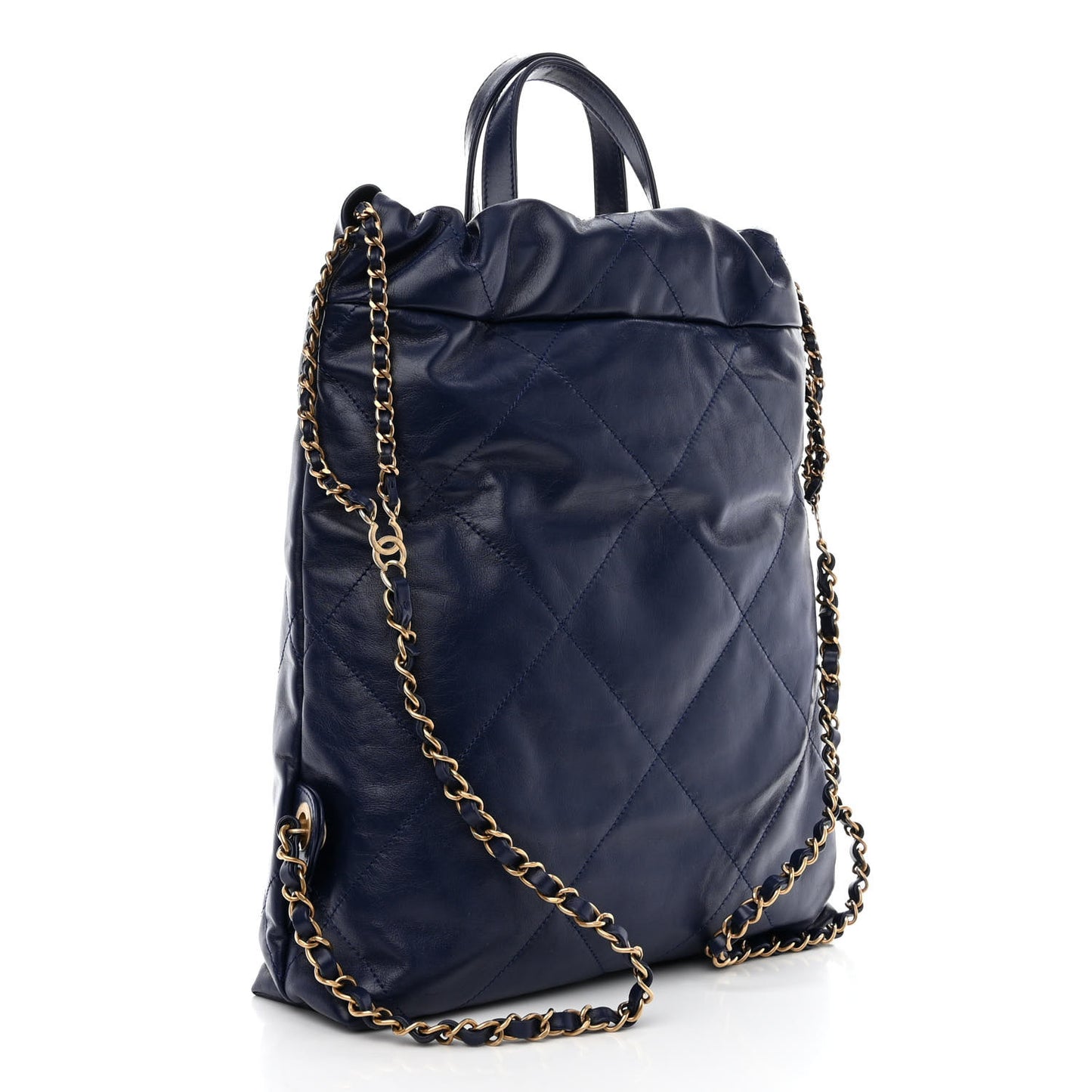 Shiny Calfskin Quilted Chanel 22 Backpack Navy