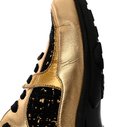 Chanel Satin Lambskin Fabric Tweed CC Sneakers 37 Gold Black 9 of 12