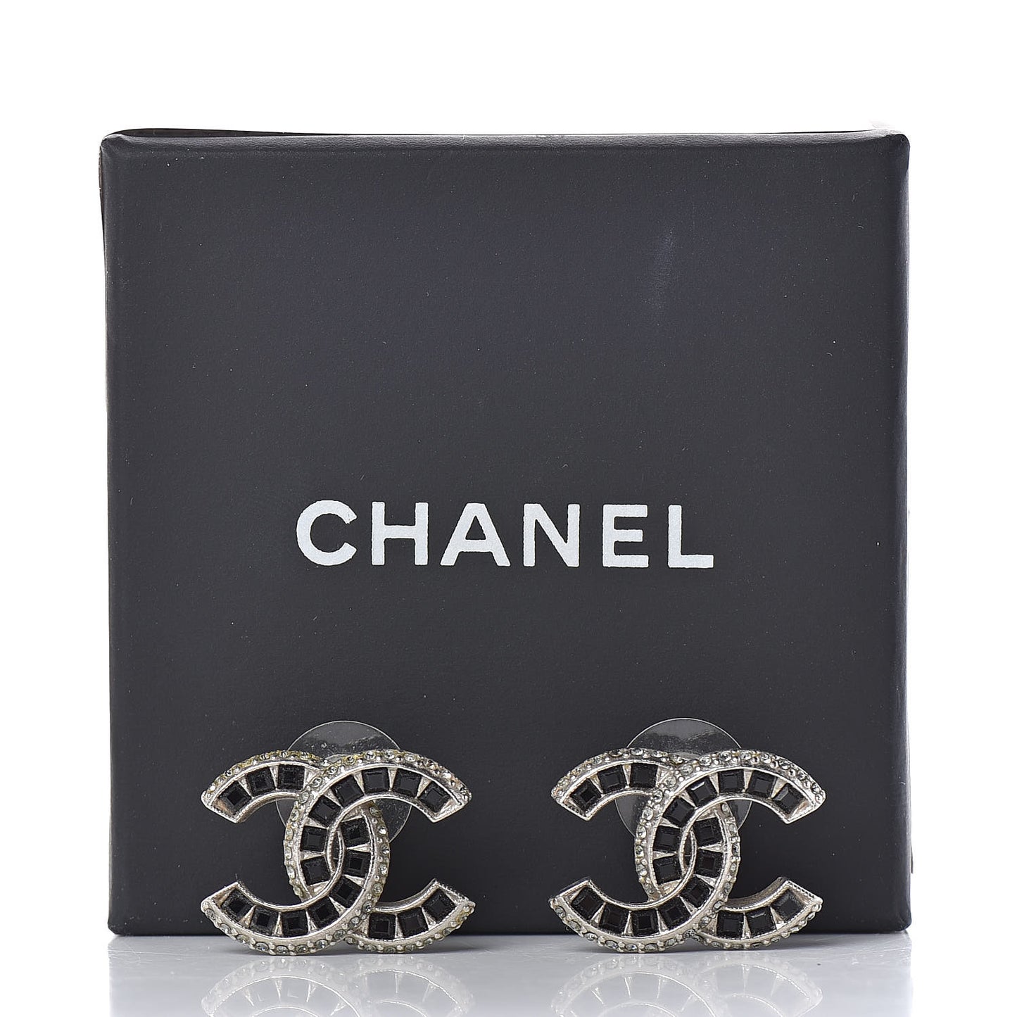 Baguette Crystal CC Earrings Silver Black