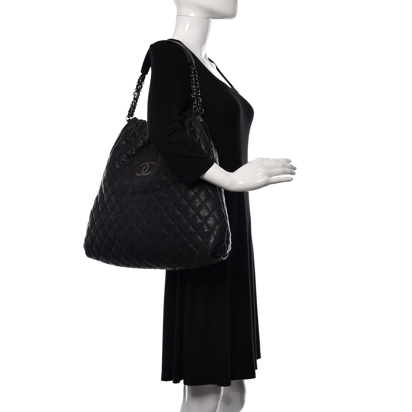 Distressed Glazed Caviar Quilted Large Elastic Tote Black