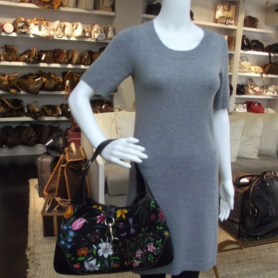 Gucci Canvas Floral Flora Medium Jackie O Bouvier Hobo Black 2 of 9