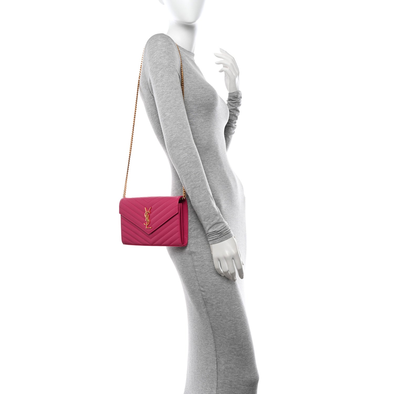 Saint Laurent Grain De Poudre Matelasse Chevron Monogram Chain Wallet Bubblegum 2 of 11
