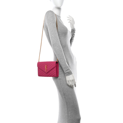 Saint Laurent Grain De Poudre Matelasse Chevron Monogram Chain Wallet Bubblegum 2 of 11