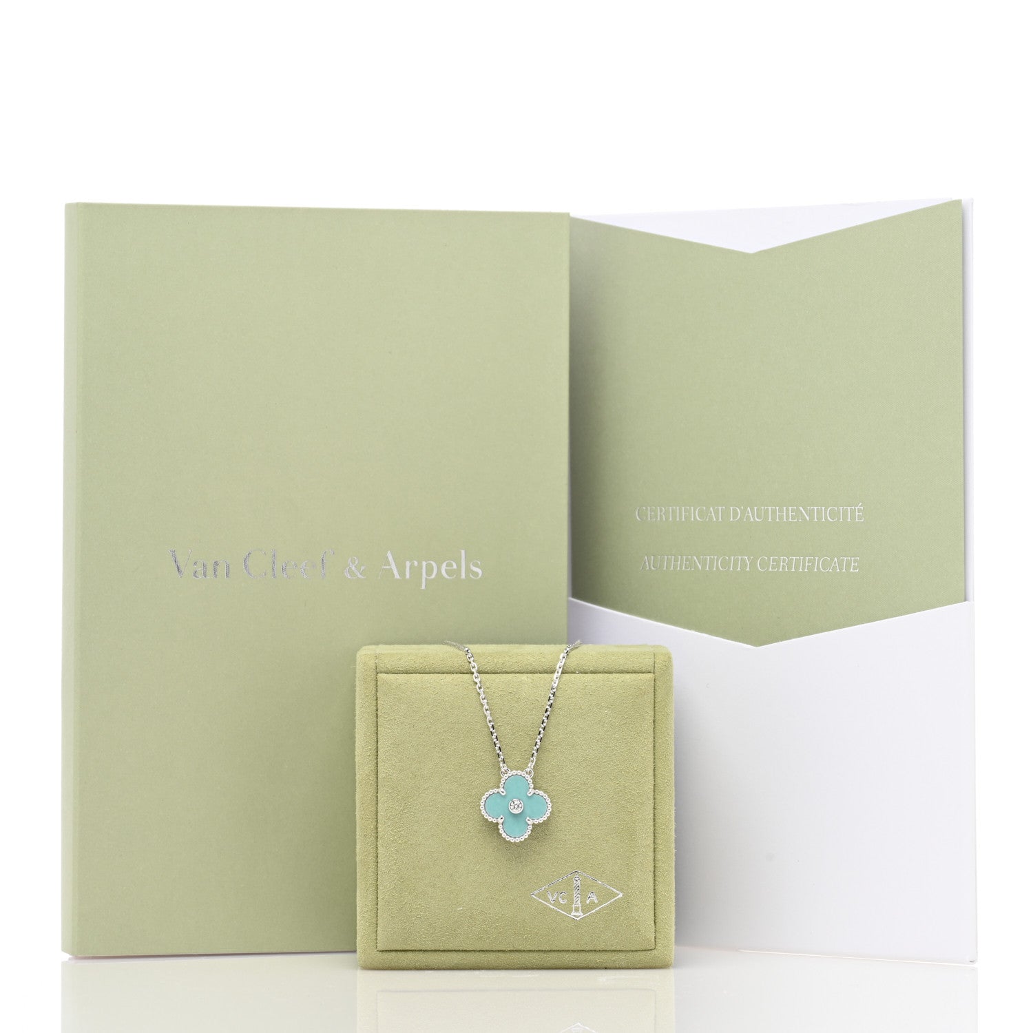 Van Cleef & Arpels VAN CLEEF & ARPELS 18K White Gold Diamond Celadon Green Sevres Porcelain Vintage Alhambra Pendant Necklace 4 of 4