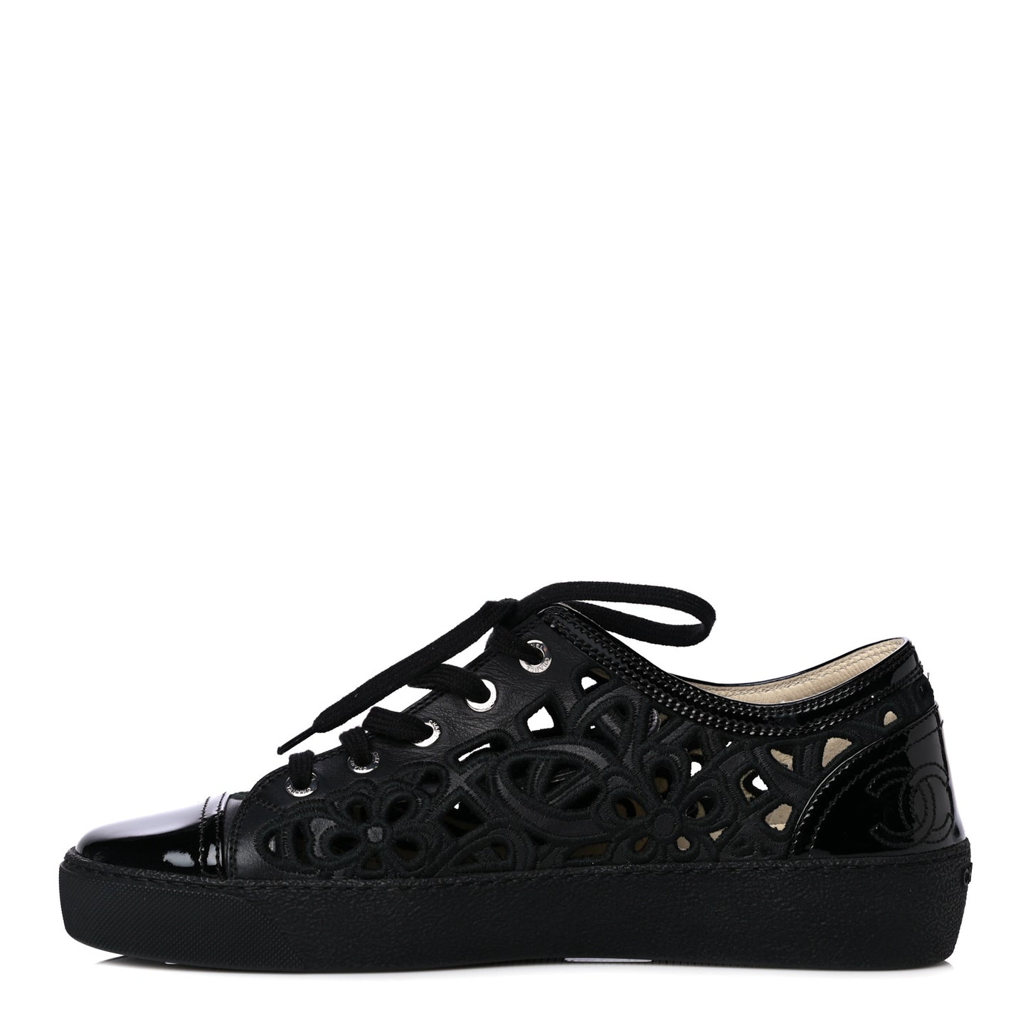 Patent Grained Goatskin Hollow Out Flower Sneakers 38.5 Black