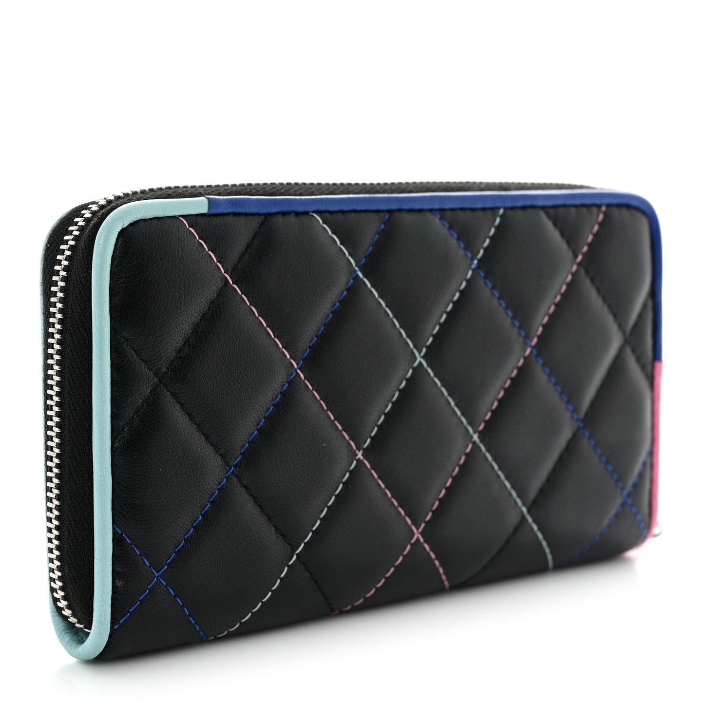 Lambskin Quilted Small Gusset Zip Around Wallet Black Pink Light Blue